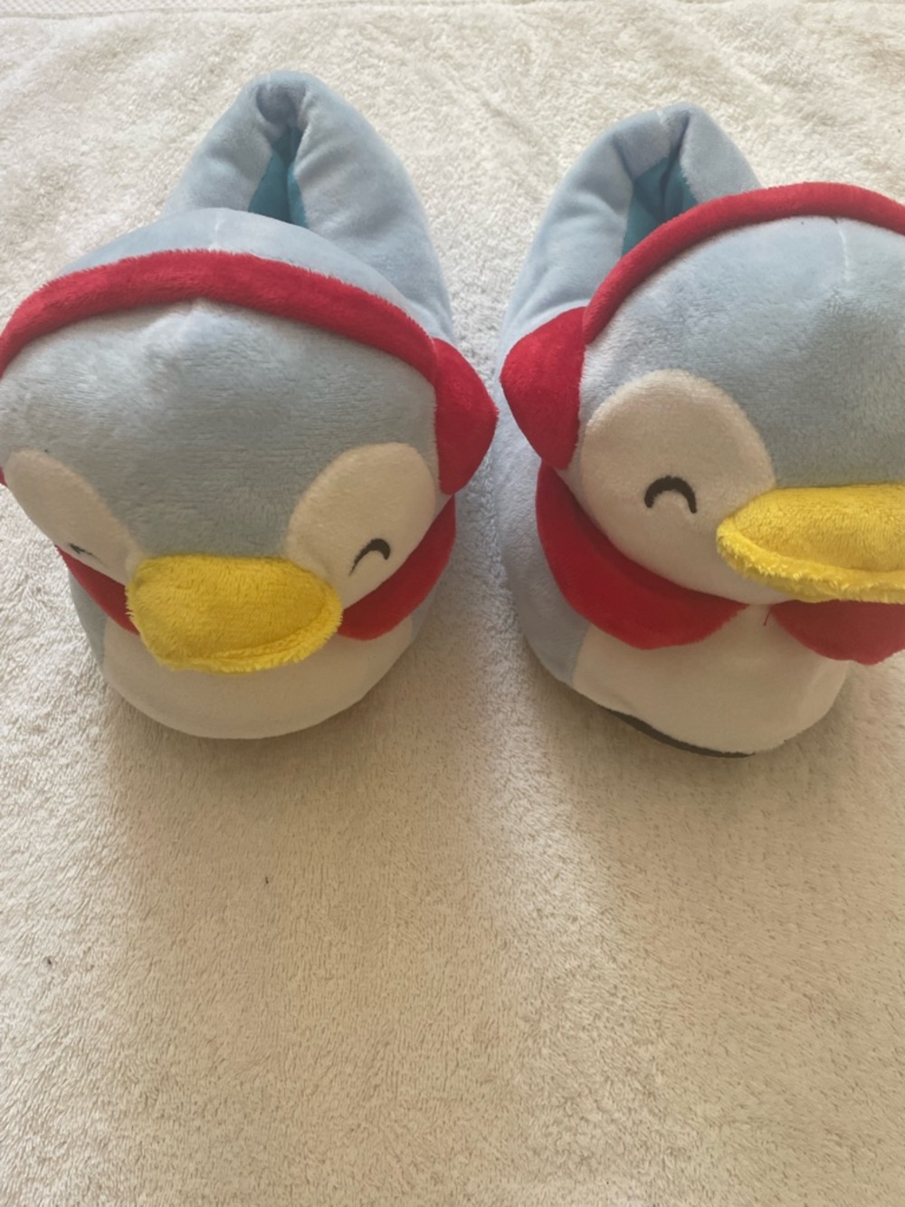 Plush Penguin Kids Slippers - Light Blue & Red